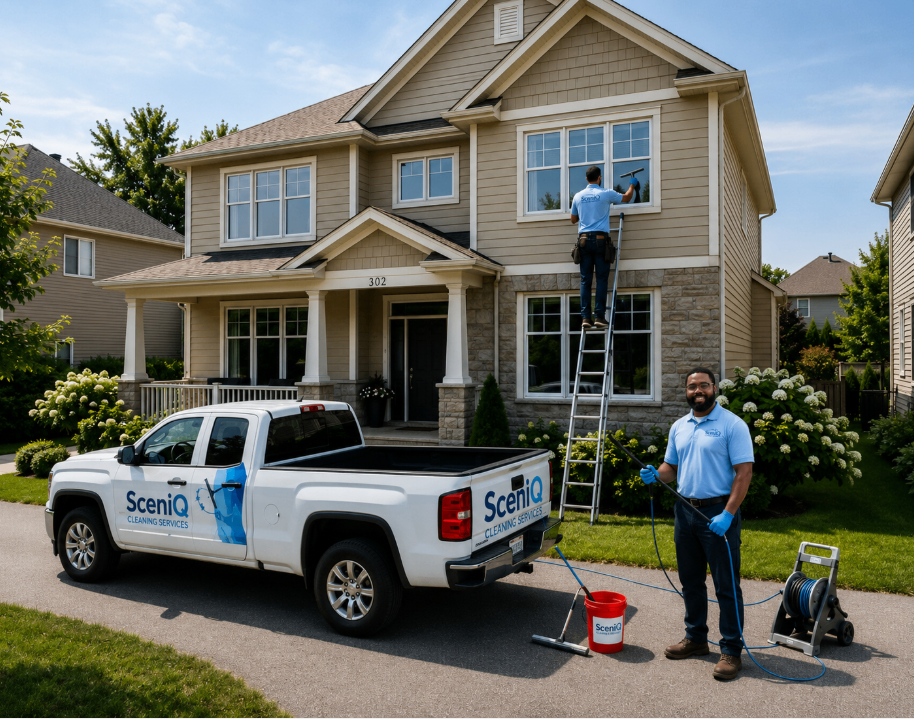 Sceniq Cleaning Services technician cleaning a suburban Dayton home with branded truck
